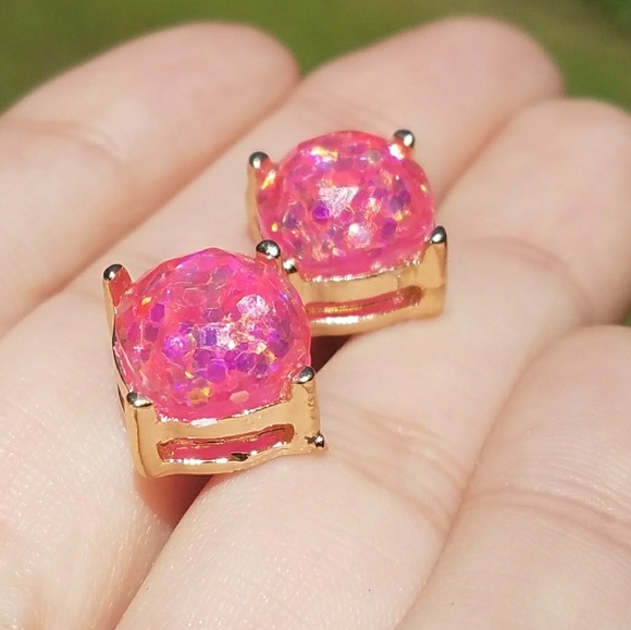 Gold Tone Pink Glitter Stud Earrings - Picture 2 of 5
